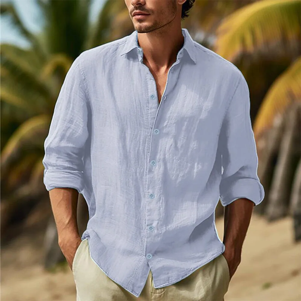 Men's Cotton Linen Shirts Turn Down Collar Solid Hawaiian Shirt Lightweight Breathable White Shirt Casual Large Size Streetwear