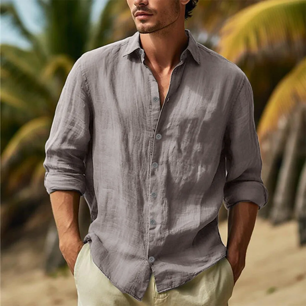 Men's Cotton Linen Shirts Turn Down Collar Solid Hawaiian Shirt Lightweight Breathable White Shirt Casual Large Size Streetwear