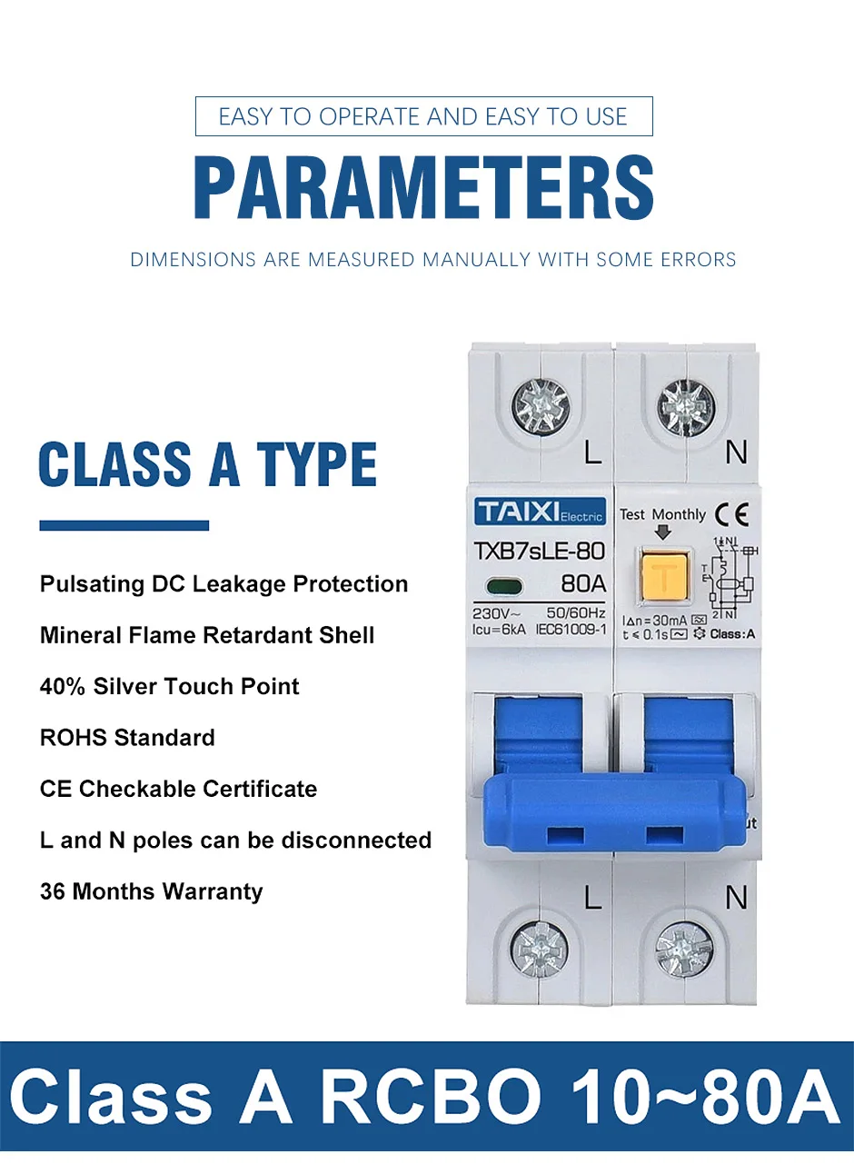 TAIXI RCBO RCCB Type A / AC Residual Current Circuit Breaker MCB 220V 110V 10A 16A 20A 32A 40A 63A 30mA 15mA Leakage Protection