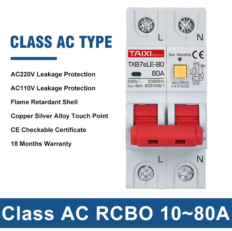 TAIXI RCBO RCCB Type A / AC Residual Current Circuit Breaker MCB 220V 110V 10A 16A 20A 32A 40A 63A 30mA 15mA Leakage Protection