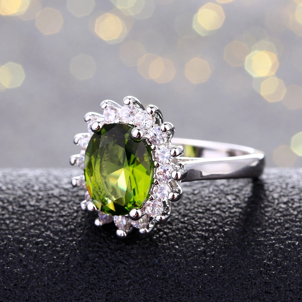 Retro Silver Ring for Women Flower Rings with Peridot Stones Shining Luxury Brand Wedding Engagement Rings Jewelry