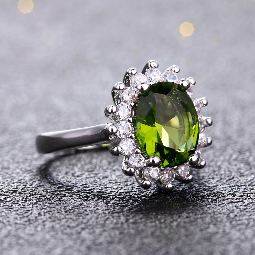 Retro Silver Ring for Women Flower Rings with Peridot Stones Shining Luxury Brand Wedding Engagement Rings Jewelry