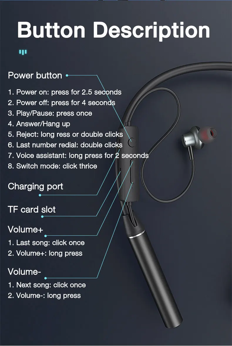 EARDECO 180 Hour Endurance Bluetooth Headphone Bass Wireless Headphones with Mic Stereo Neckband Earphones Sport Headset TF Card