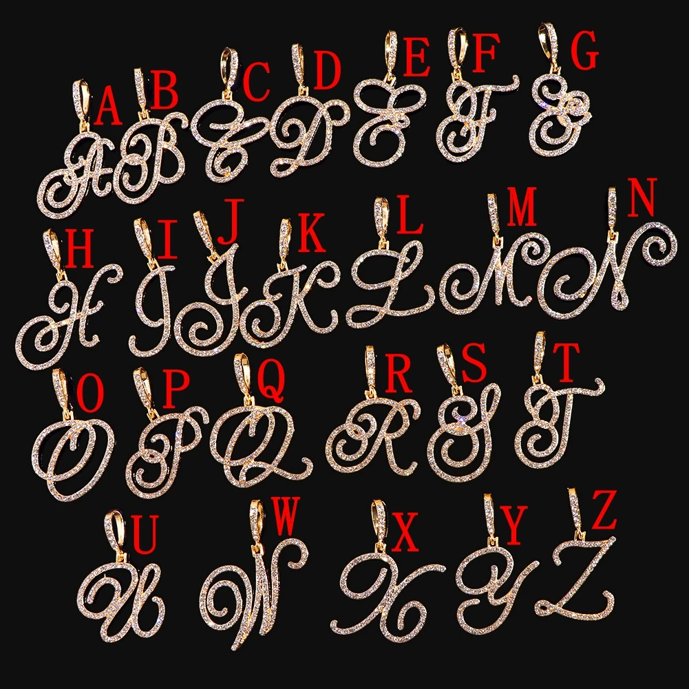 New Cursive Letters Cubic Zirconia Chain Intial Name Necklace Hip Hop Jewelry Gold Silver Color CZ 26 Alphabet Pendant Necklaces