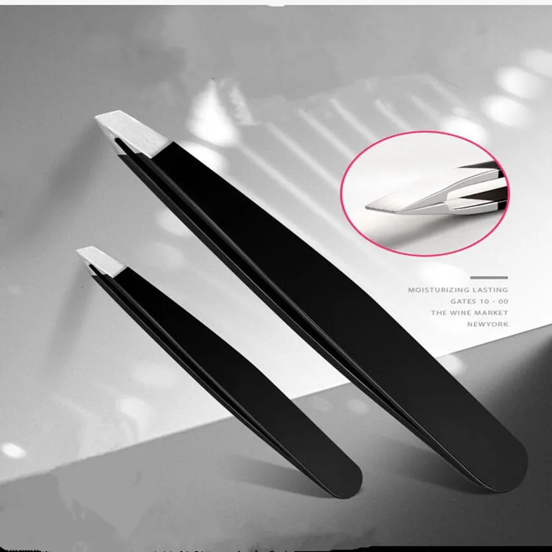 Black Eyebrow Tweezers Stainless Steel Slant Tip Hair Removal Makeup Tool Kit Eyelashes Extension Double Eyelid Application