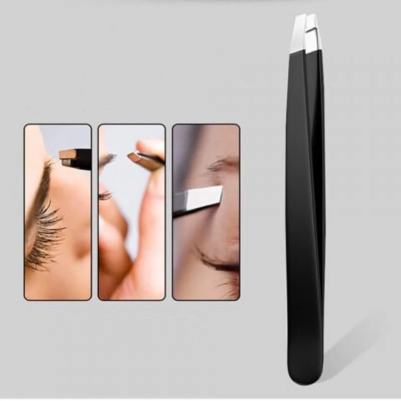 Black Eyebrow Tweezers Stainless Steel Slant Tip Hair Removal Makeup Tool Kit Eyelashes Extension Double Eyelid Application