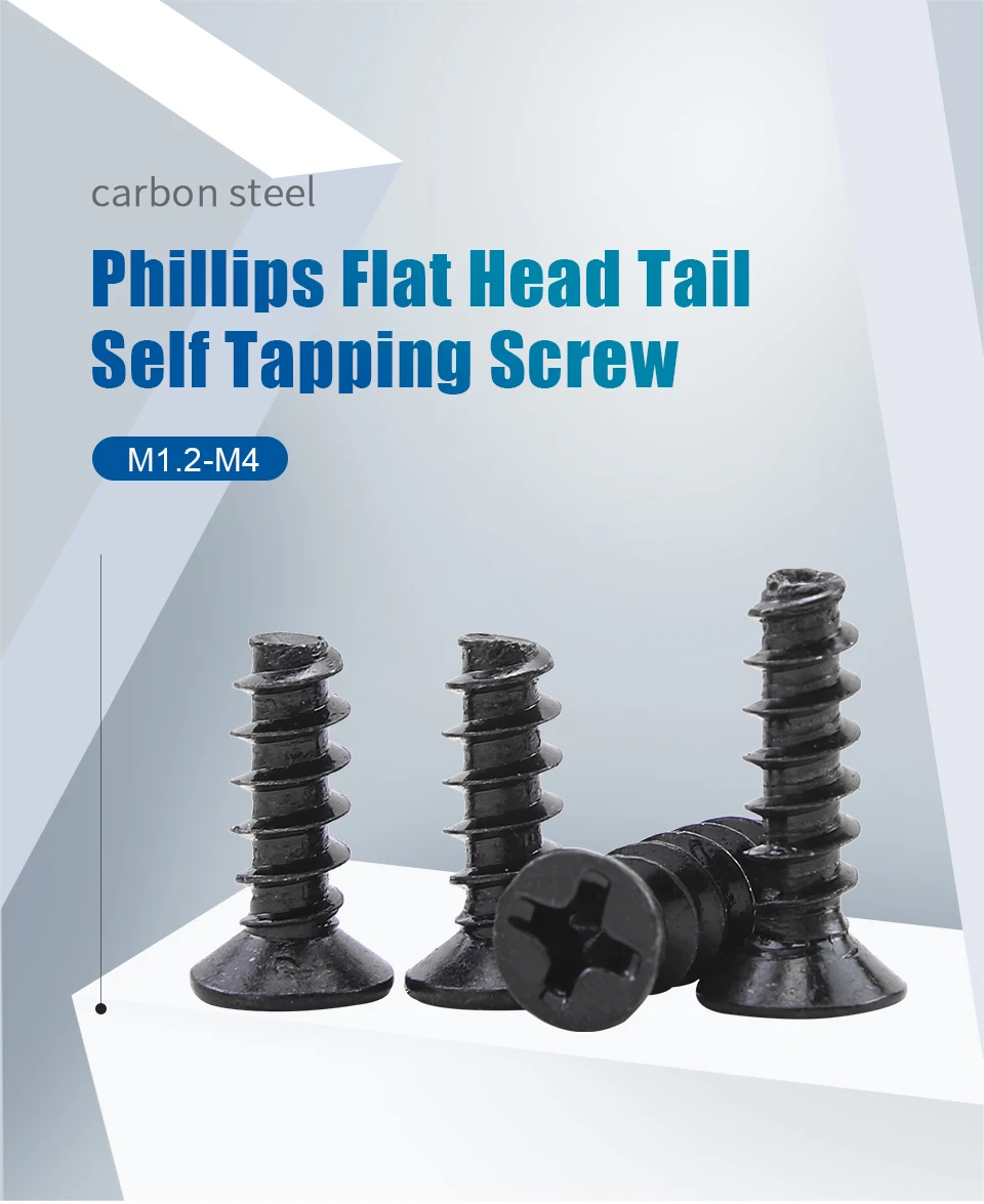 50-100pcs Cross Flat Head Self-tapping Screw Flat Tail M2 M2.3 M2.6 M3 M4 Black Plated Steel Phillips Tapping Screw for Plastic