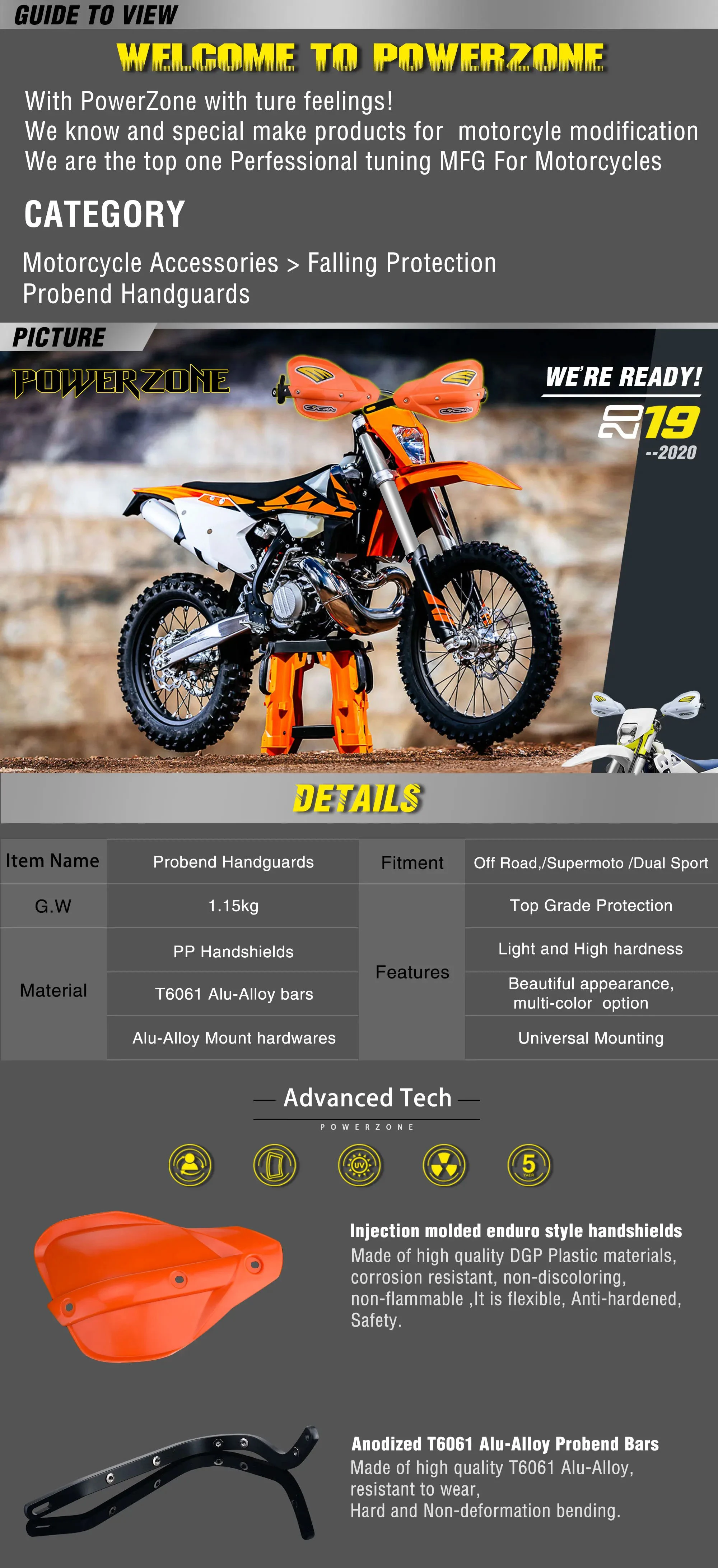 Powerzone Probend Handguards For Honda KTM ADV EXC EnduroHusqvarna TE CRF WRF DRZ KLX Motorcycle Dirt Bike ATV Handlebar
