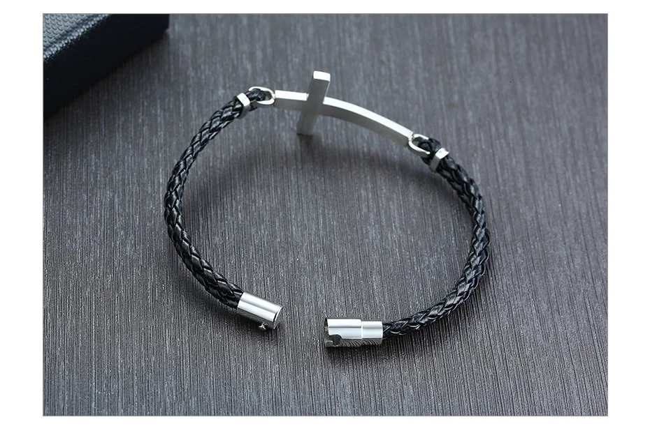 Men Gifts Casual Sideways Cross Charm Black Braided Leather Rope Women Bracelets male Bangles Prayer Gifts Jewelry free shipping