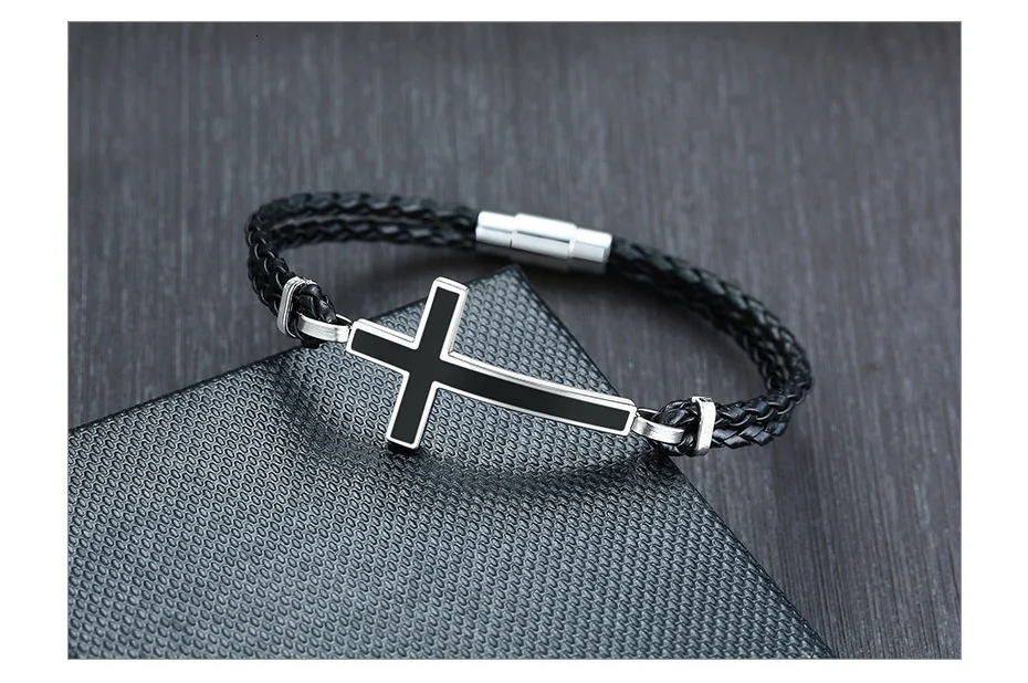 Men Gifts Casual Sideways Cross Charm Black Braided Leather Rope Women Bracelets male Bangles Prayer Gifts Jewelry free shipping