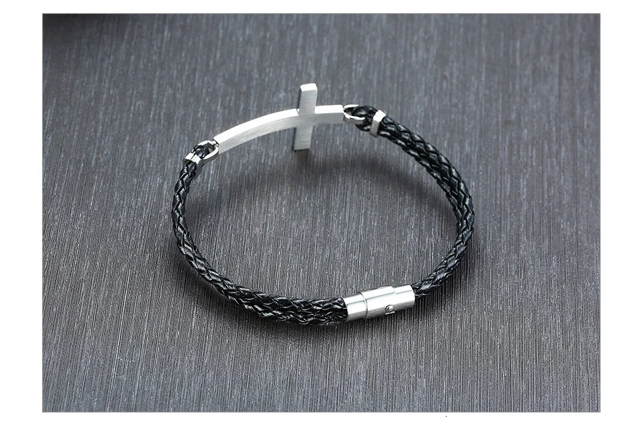Men Gifts Casual Sideways Cross Charm Black Braided Leather Rope Women Bracelets male Bangles Prayer Gifts Jewelry free shipping
