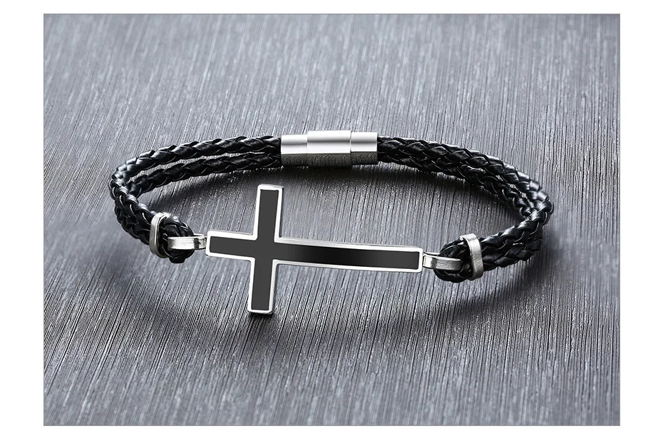 Men Gifts Casual Sideways Cross Charm Black Braided Leather Rope Women Bracelets male Bangles Prayer Gifts Jewelry free shipping