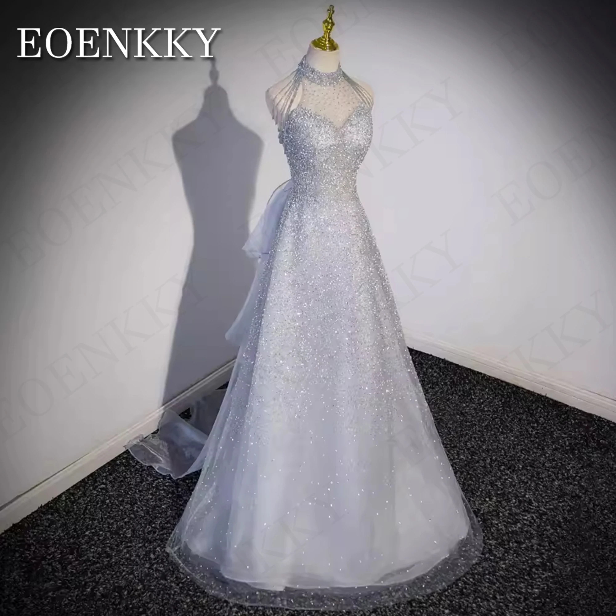 EOENKKY Sparkly Silver Prom Dresses Fairy A Line Glitter Tulle Party Dress Detachable Train Woman Customized платье на выпускной