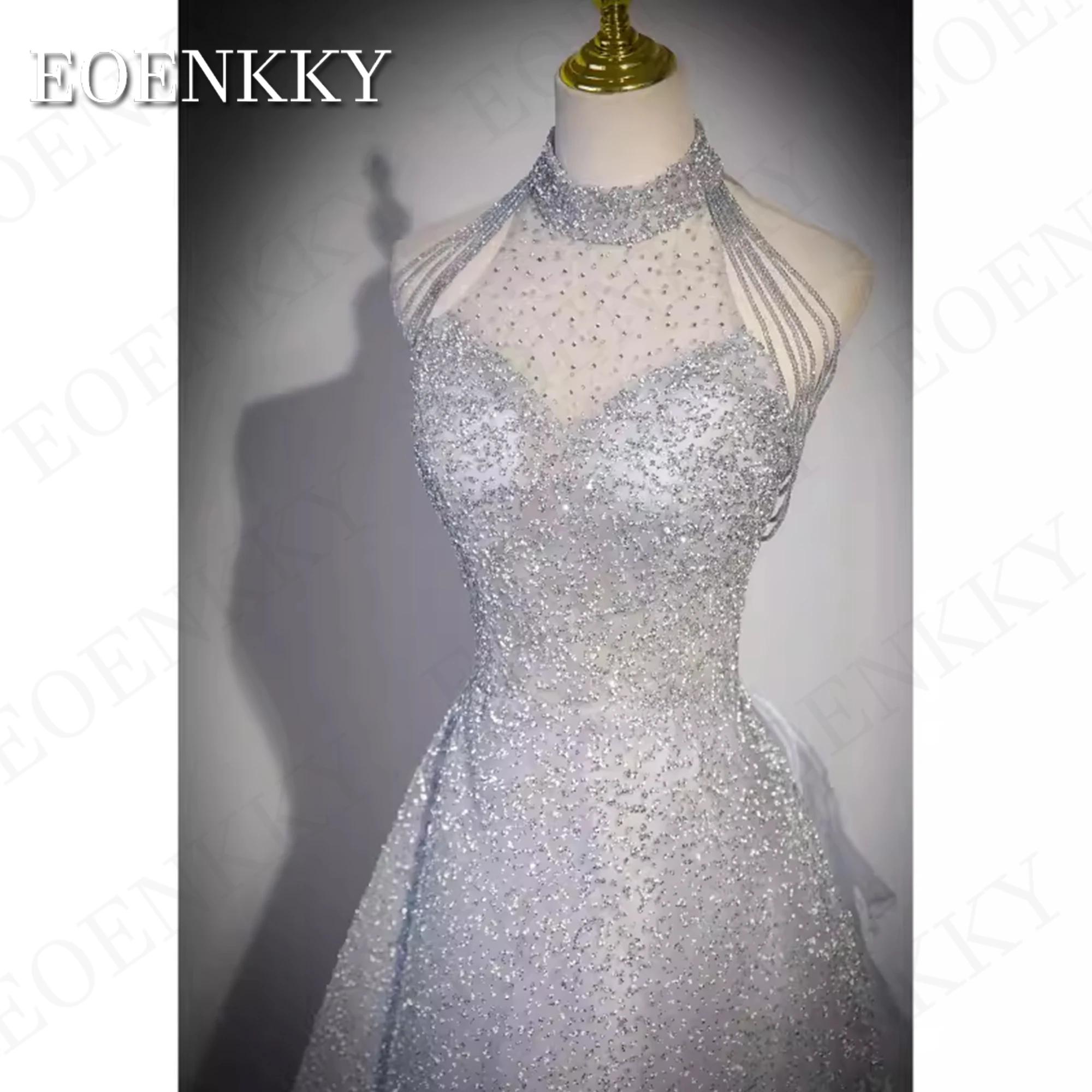 EOENKKY Sparkly Silver Prom Dresses Fairy A Line Glitter Tulle Party Dress Detachable Train Woman Customized платье на выпускной