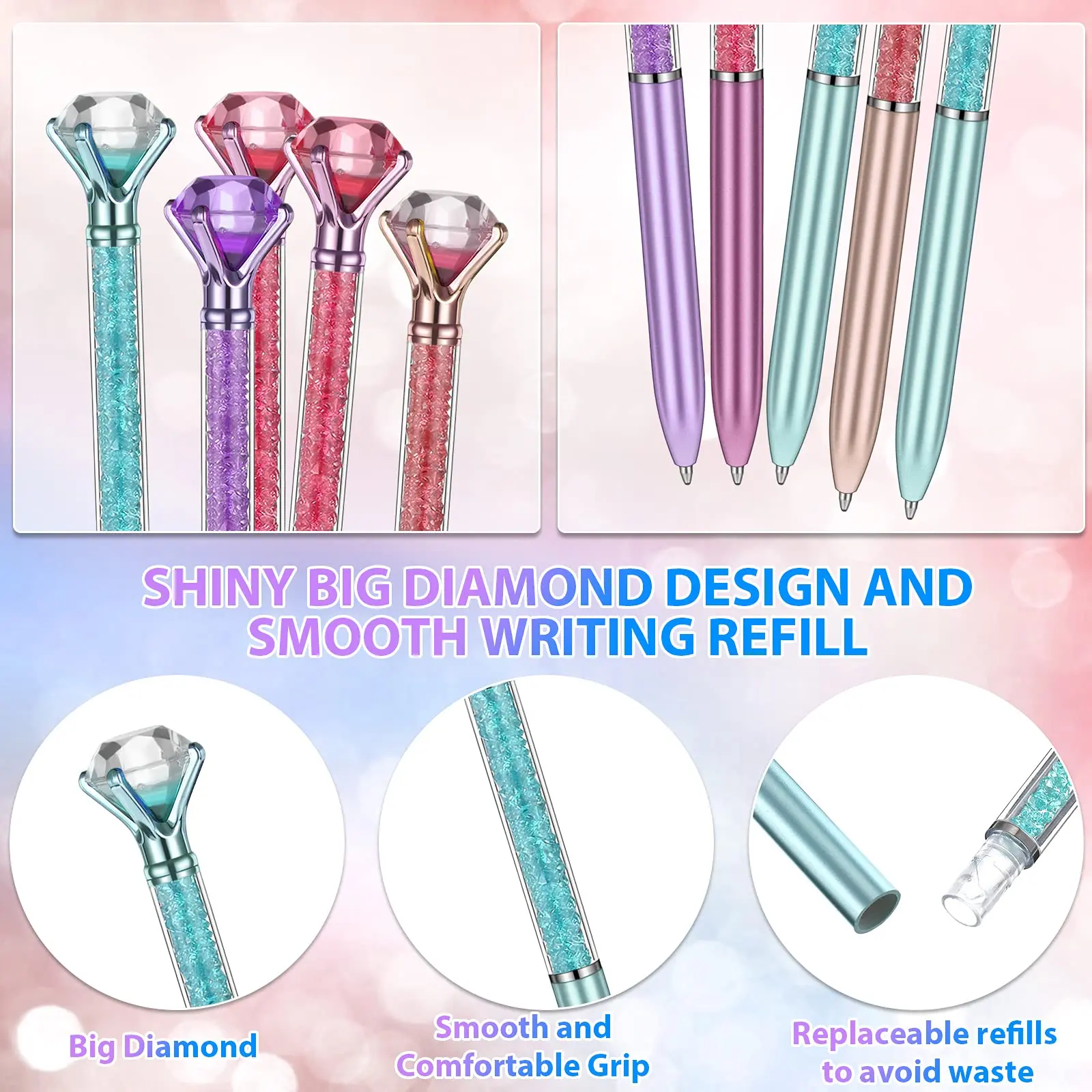 24Pcs Large Crystal Diamond Pens Christmas Gift Shiny Ballpoint Pen Black Ink Pens Suitable For School Office Supplies