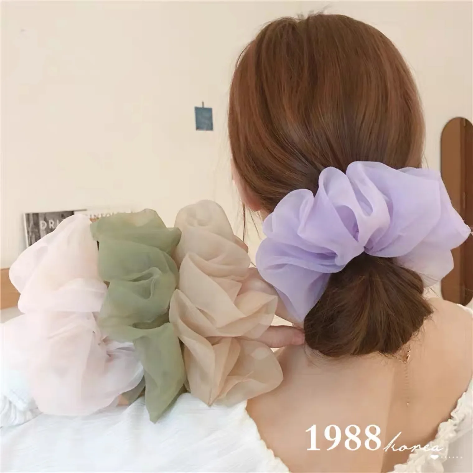 Spring summer organza hair scrunchie large fairy chiffon women Elastic Hair Band Ponytail Holder Hair Tie Girl Gum Accessories