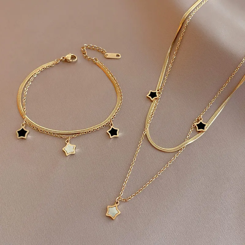 DIEYURO 316L Stainless Steel Multilayer Chain Star Charm Necklace Bracelet For Women New Trend Jewelry Set Girls Party Gifts