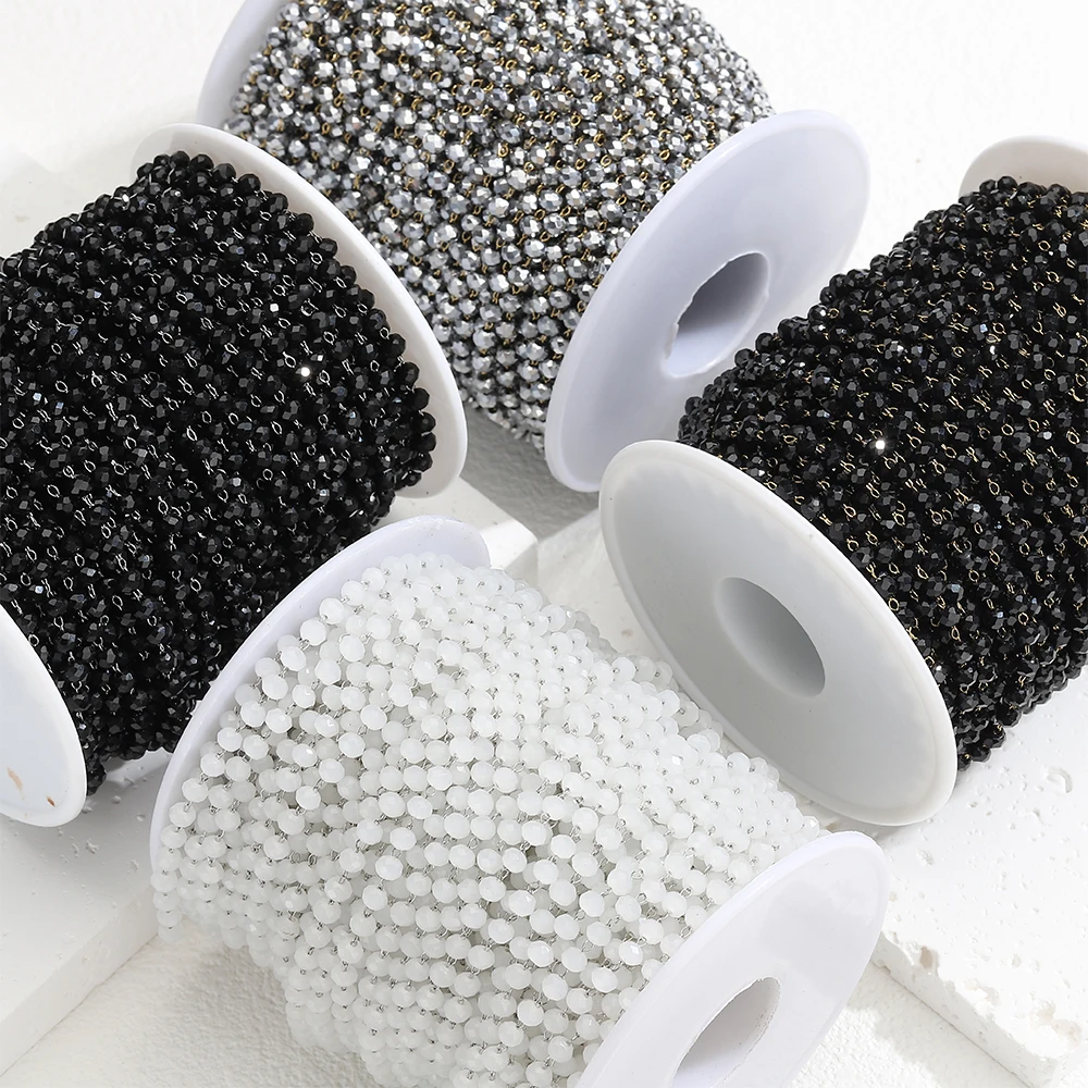 1meter Stone Stainless Steel Chain Black White Silver Color Crystal Beaded Chains for Necklace Bracelet Jewelry Making DIY
