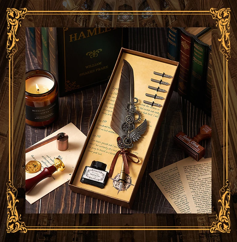 5color Machine Feather Dip Pen Set,Replaceable 5 Nib,Ink-Containing,Creative Quill Writing Artist Calligraphy Signature Pen 7003
