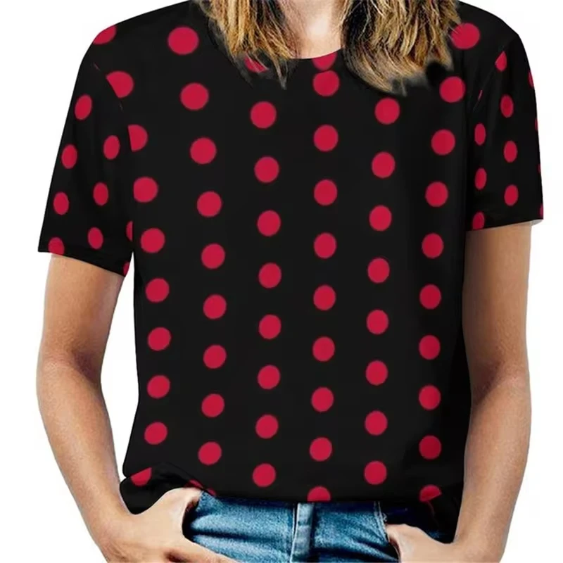 Women Vintage 3D Dot Print O-Neck Short Sleeve T-Shirts Female Retro Fashion Wave Point Street Tshirt Lady Casual Y2k Tops Tees