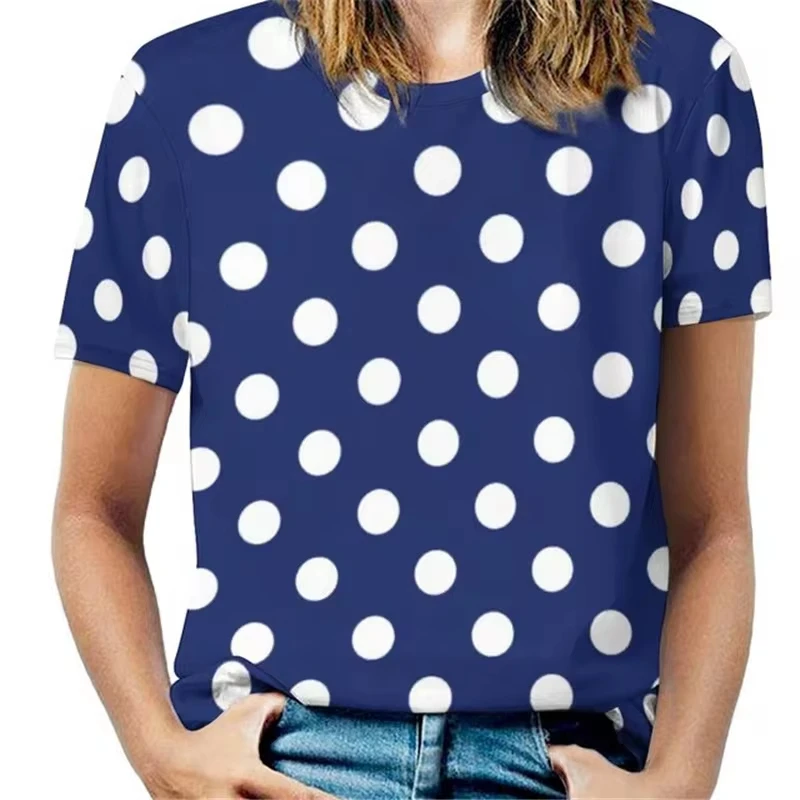 Women Vintage 3D Dot Print O-Neck Short Sleeve T-Shirts Female Retro Fashion Wave Point Street Tshirt Lady Casual Y2k Tops Tees