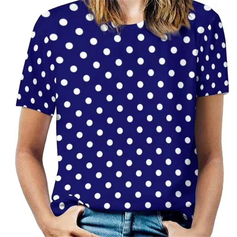Women Vintage 3D Dot Print O-Neck Short Sleeve T-Shirts Female Retro Fashion Wave Point Street Tshirt Lady Casual Y2k Tops Tees