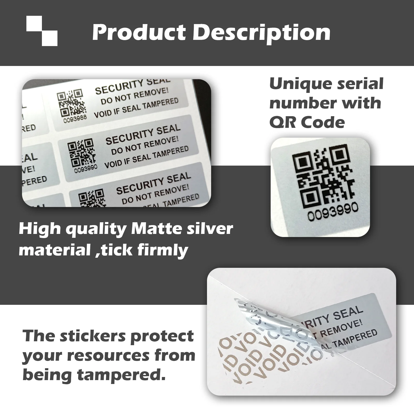 5x1.5cm Mute Silver Tamper Proof Sticker with QR Code, Warranty Void Seal Security Label Sticker with Serial Numbers