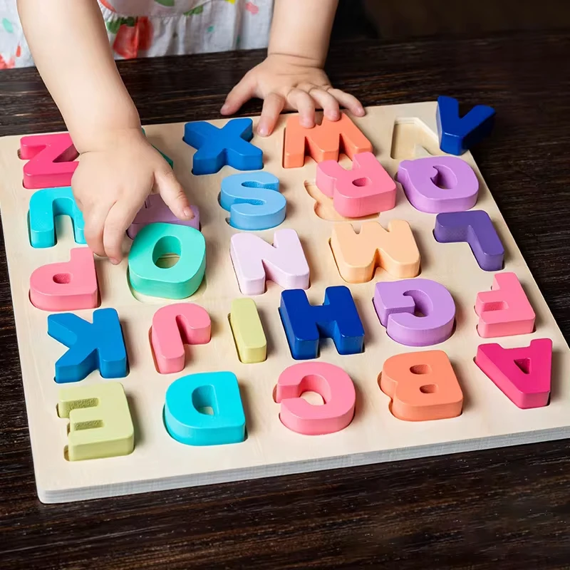 Toddlers Wooden Puzzle Montessori Baby Toys ABC Alphabet Number Shape Matching Board Game Preschool Educational Toy for Kids 2-4