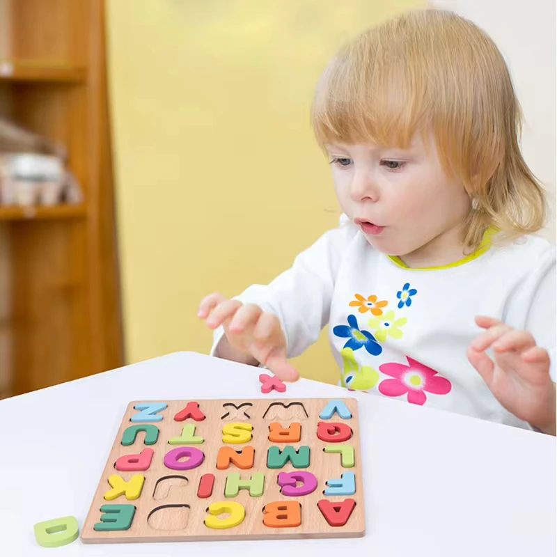 Toddlers Wooden Puzzle Montessori Baby Toys ABC Alphabet Number Shape Matching Board Game Preschool Educational Toy for Kids 2-4