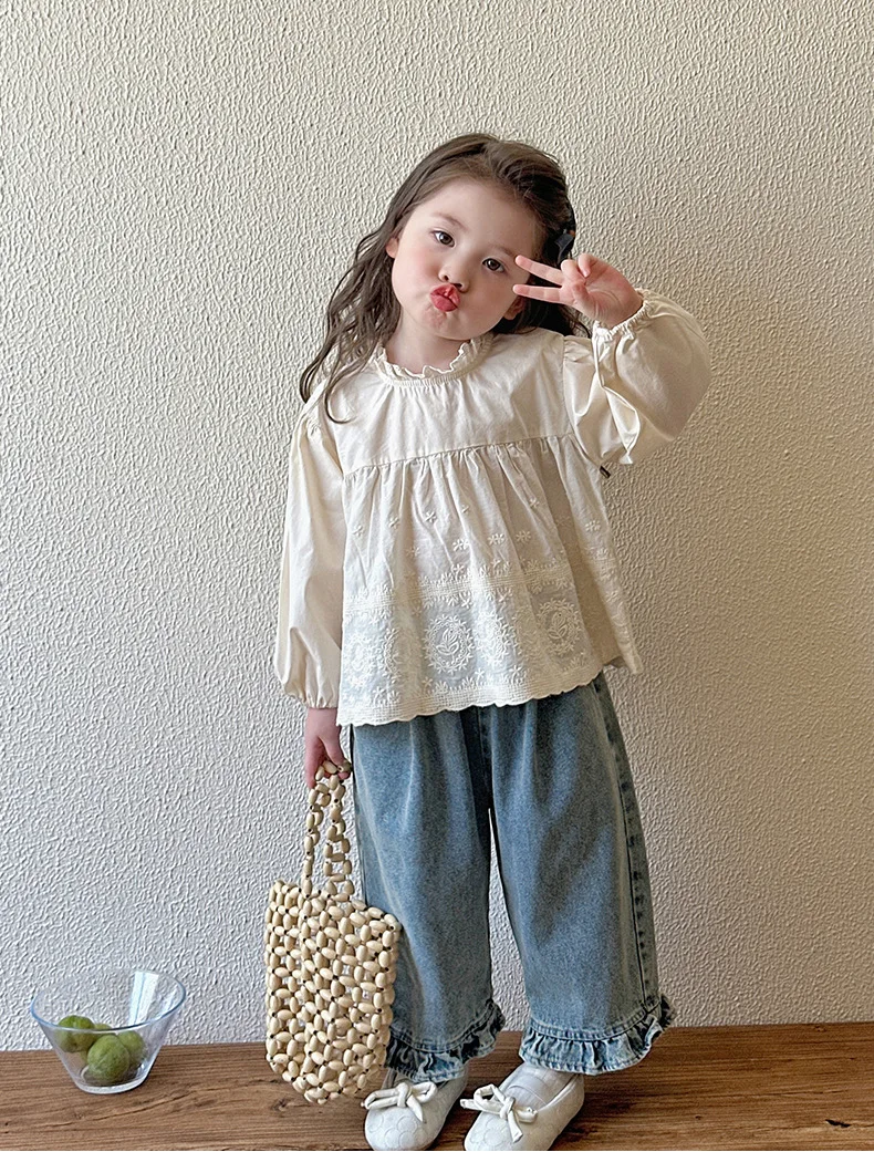 Kids Jeans Girls New 2024 Spring Autumn Childrens Fashion Casual Wide-leg Pants Lace Princess Sweet and Lovely