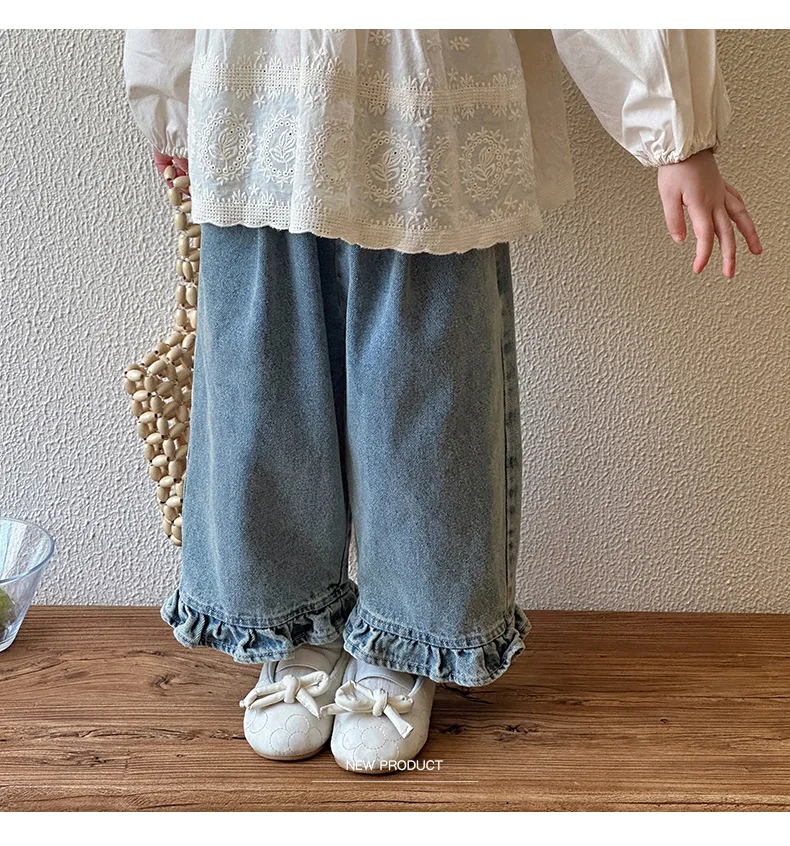 Kids Jeans Girls New 2024 Spring Autumn Childrens Fashion Casual Wide-leg Pants Lace Princess Sweet and Lovely