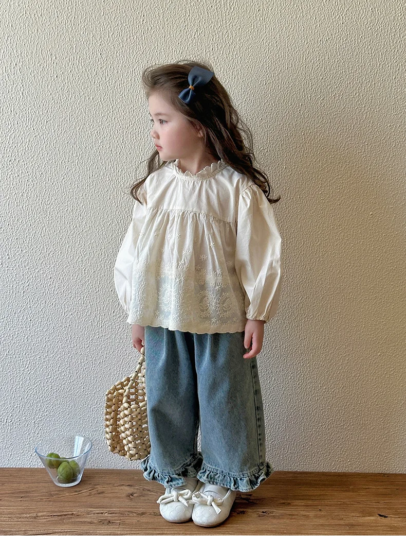 Kids Jeans Girls New 2024 Spring Autumn Childrens Fashion Casual Wide-leg Pants Lace Princess Sweet and Lovely
