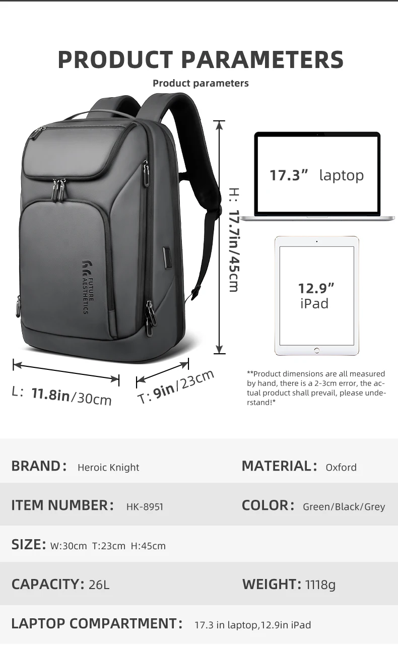 HK Travel Business Backpack for Men Large Capacity 17 Inch Laptop Backpack Multifunctional Anti-Theft Backpack Weekender Daypack
