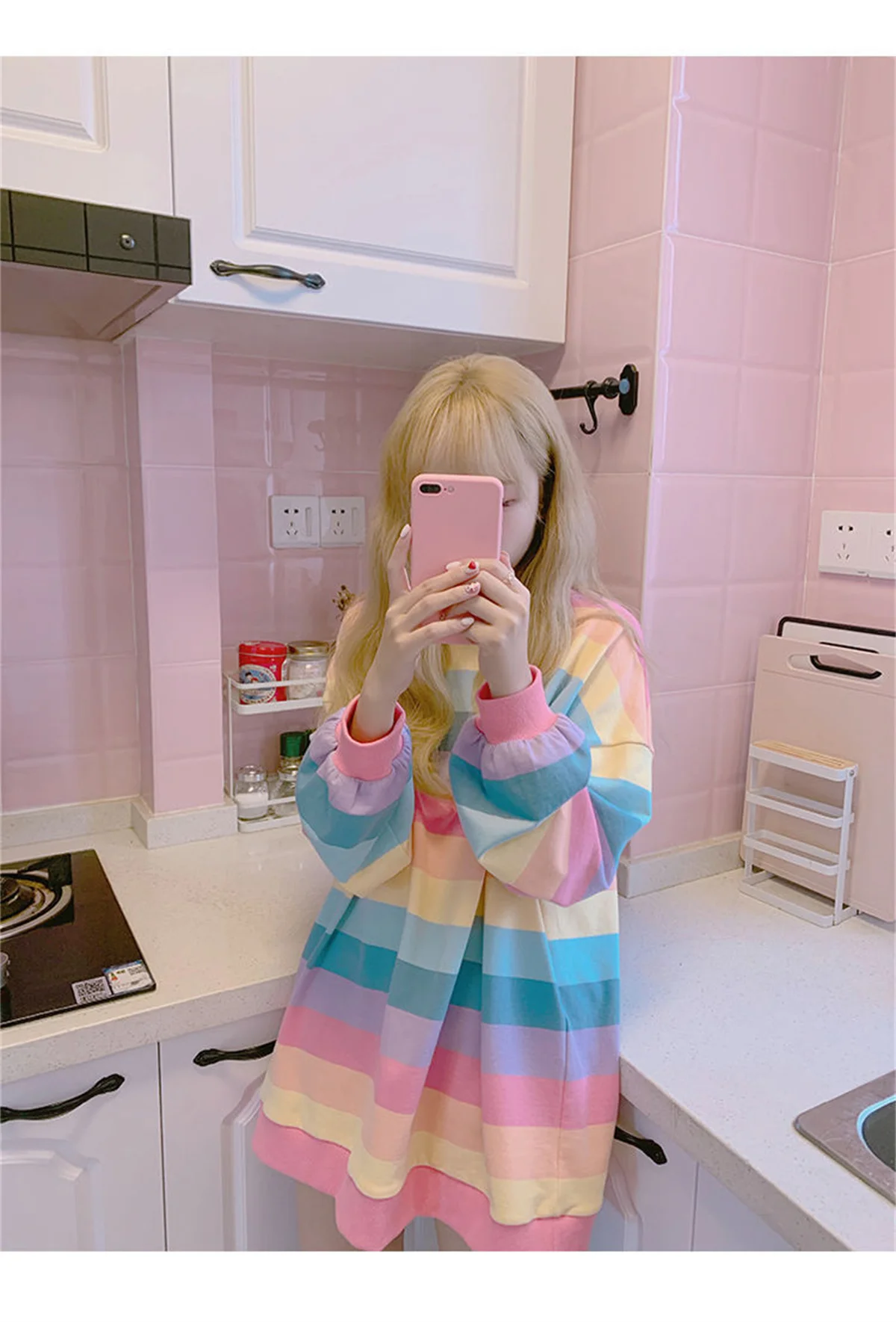 Pink Rainbow Striped Oversized T Shirts For Women Kawaii Summer Long Sleeve O-neck Shirt Korean Ladies Fleece Sweetops Tshirt