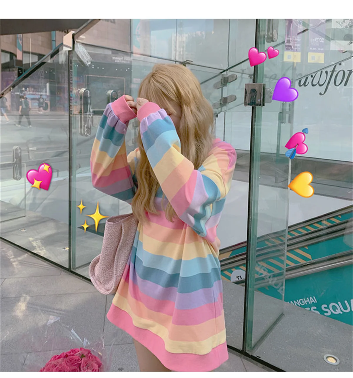 Pink Rainbow Striped Oversized T Shirts For Women Kawaii Summer Long Sleeve O-neck Shirt Korean Ladies Fleece Sweetops Tshirt