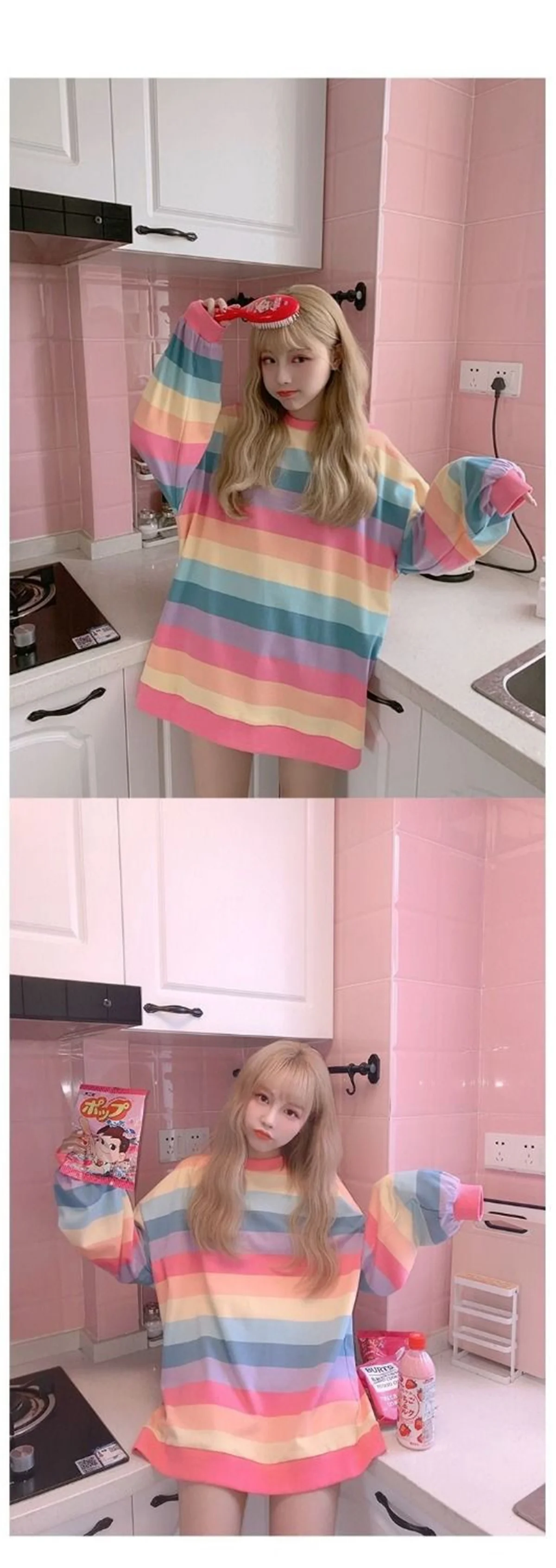 Pink Rainbow Striped Oversized T Shirts For Women Kawaii Summer Long Sleeve O-neck Shirt Korean Ladies Fleece Sweetops Tshirt