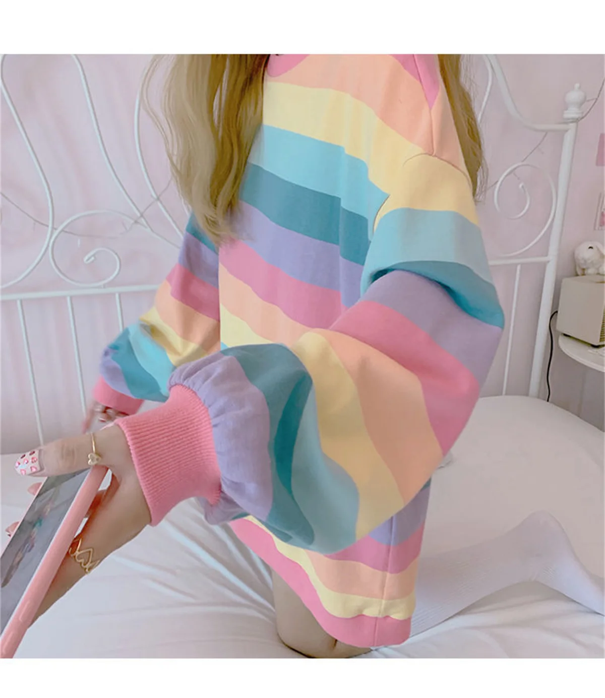 Pink Rainbow Striped Oversized T Shirts For Women Kawaii Summer Long Sleeve O-neck Shirt Korean Ladies Fleece Sweetops Tshirt