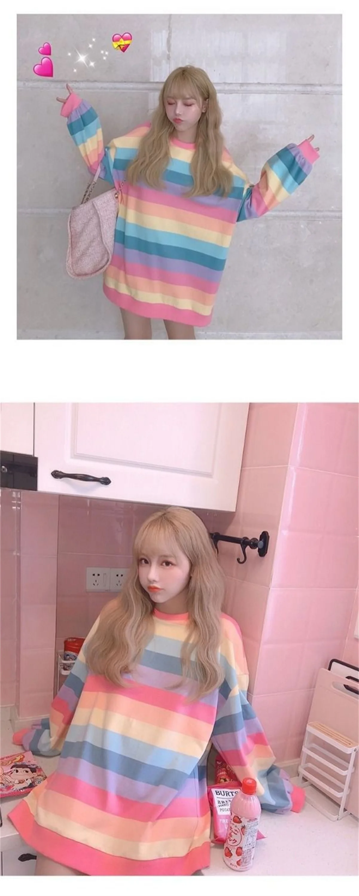 Pink Rainbow Striped Oversized T Shirts For Women Kawaii Summer Long Sleeve O-neck Shirt Korean Ladies Fleece Sweetops Tshirt