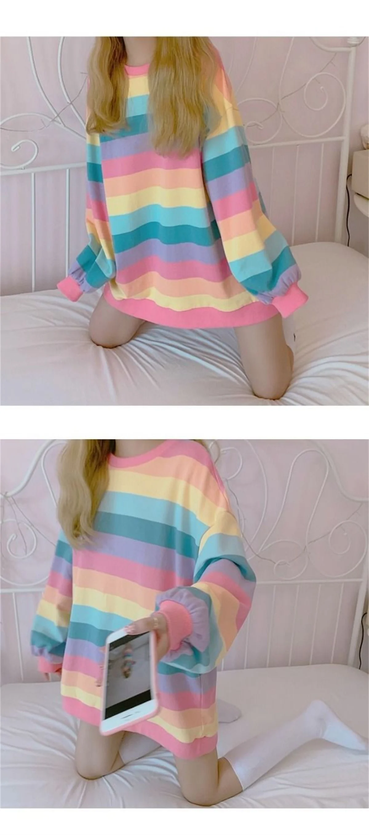 Pink Rainbow Striped Oversized T Shirts For Women Kawaii Summer Long Sleeve O-neck Shirt Korean Ladies Fleece Sweetops Tshirt