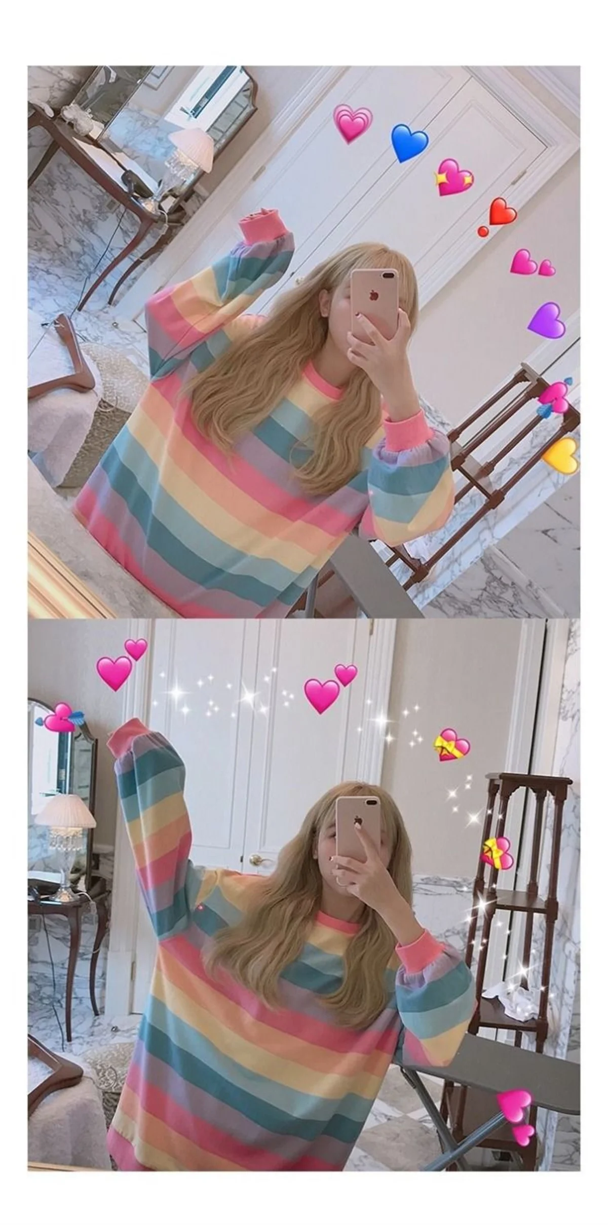 Pink Rainbow Striped Oversized T Shirts For Women Kawaii Summer Long Sleeve O-neck Shirt Korean Ladies Fleece Sweetops Tshirt