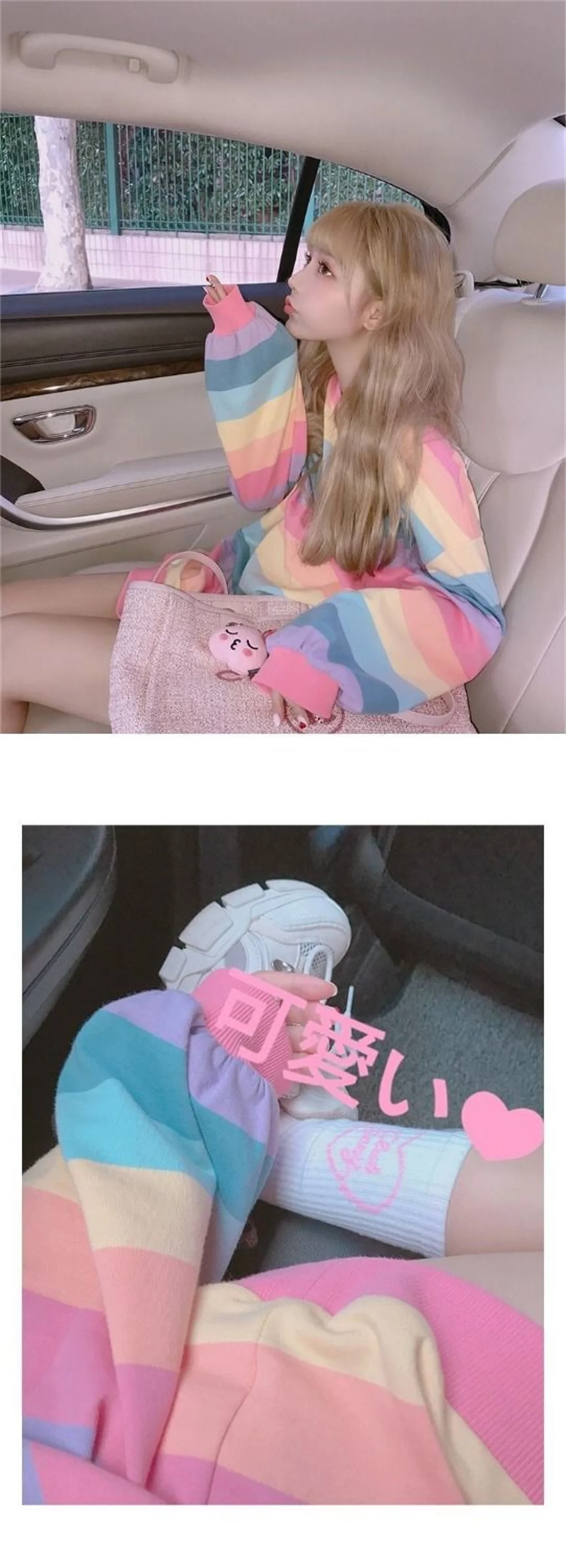 Pink Rainbow Striped Oversized T Shirts For Women Kawaii Summer Long Sleeve O-neck Shirt Korean Ladies Fleece Sweetops Tshirt
