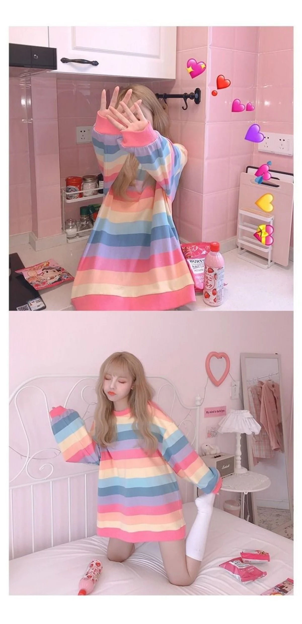 Pink Rainbow Striped Oversized T Shirts For Women Kawaii Summer Long Sleeve O-neck Shirt Korean Ladies Fleece Sweetops Tshirt