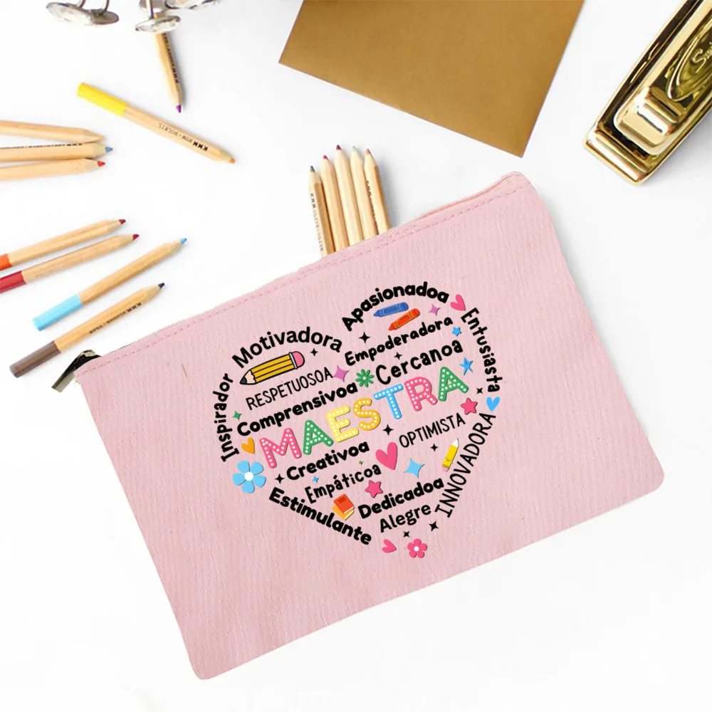 Maestra Spanish Heart print Makeup Bag Travel Neceser Travel Toiletry Organizer case Pencil Bags back to school Gift for teacher