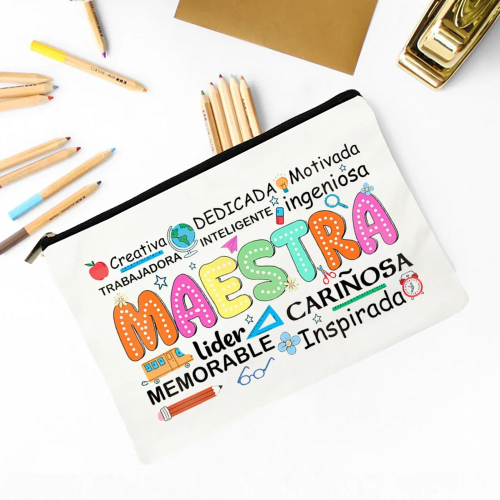 Maestra Spanish Heart print Makeup Bag Travel Neceser Travel Toiletry Organizer case Pencil Bags back to school Gift for teacher