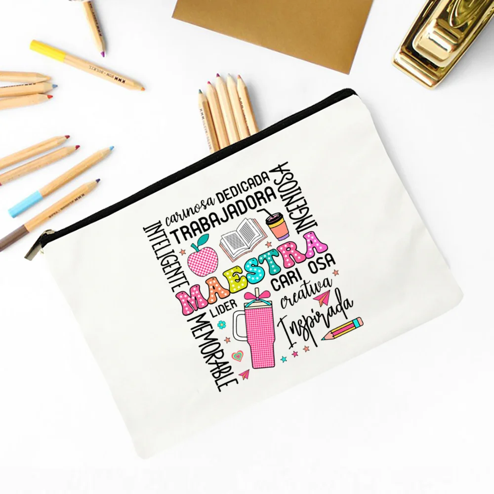 Maestra Spanish Heart print Makeup Bag Travel Neceser Travel Toiletry Organizer case Pencil Bags back to school Gift for teacher