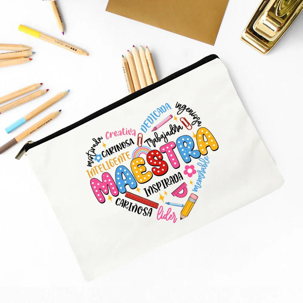 Maestra Spanish Heart print Makeup Bag Travel Neceser Travel Toiletry Organizer case Pencil Bags back to school Gift for teacher