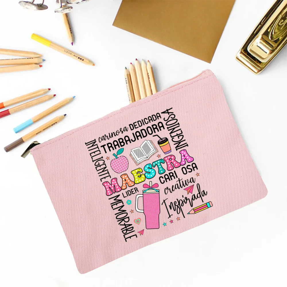 Maestra Spanish Heart print Makeup Bag Travel Neceser Travel Toiletry Organizer case Pencil Bags back to school Gift for teacher