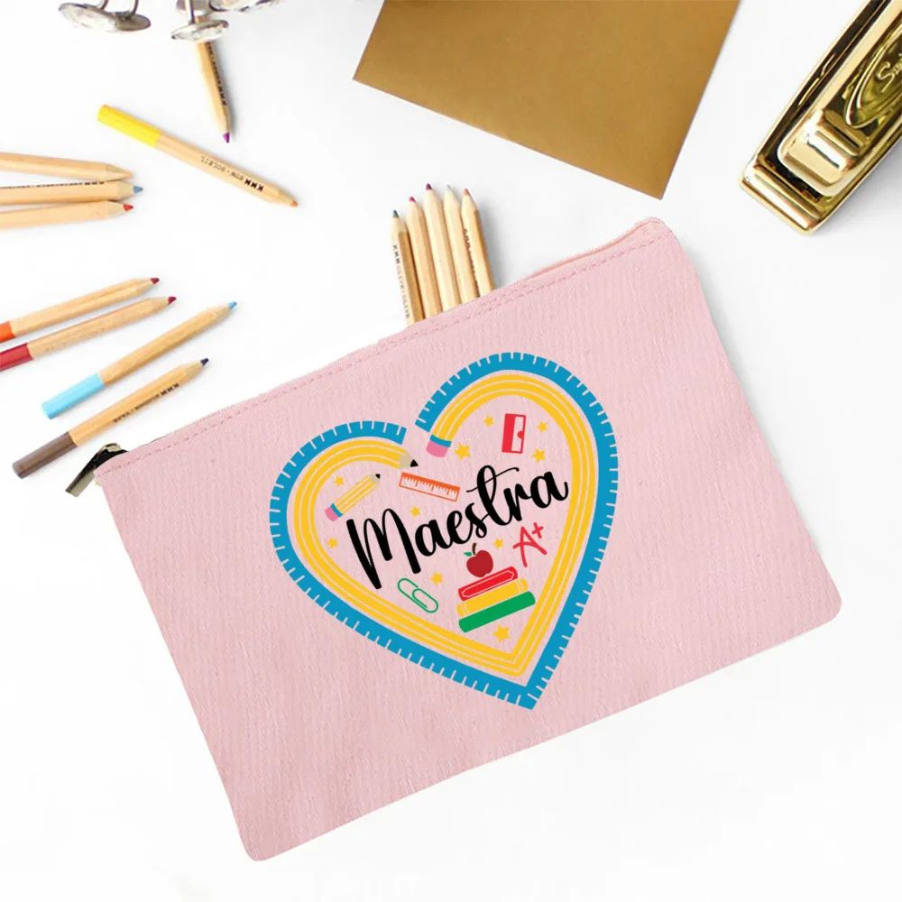 Maestra Spanish Heart print Makeup Bag Travel Neceser Travel Toiletry Organizer case Pencil Bags back to school Gift for teacher