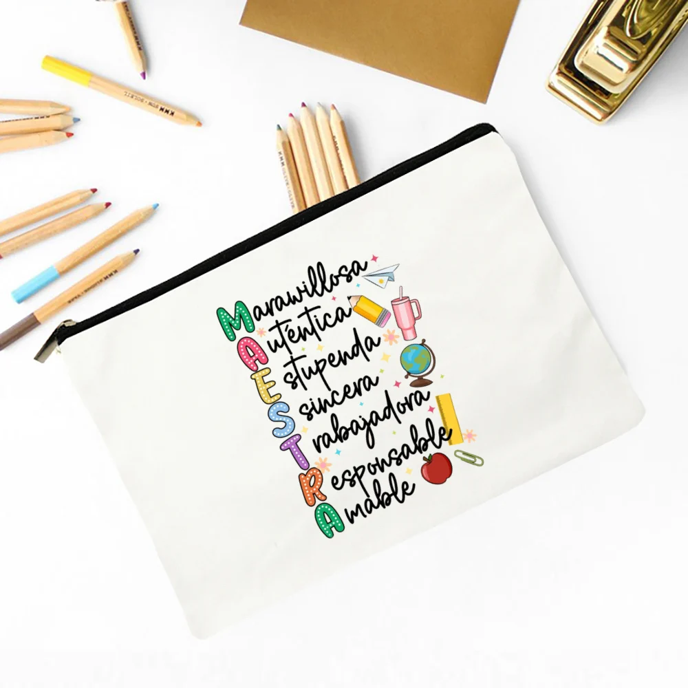 Maestra Spanish Heart print Makeup Bag Travel Neceser Travel Toiletry Organizer case Pencil Bags back to school Gift for teacher