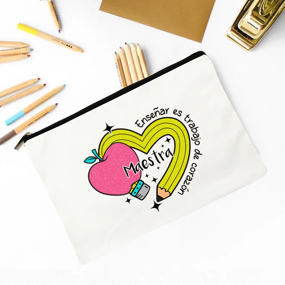 Maestra Spanish Heart print Makeup Bag Travel Neceser Travel Toiletry Organizer case Pencil Bags back to school Gift for teacher